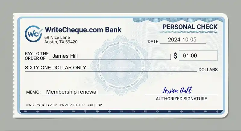 Cheque example for 61