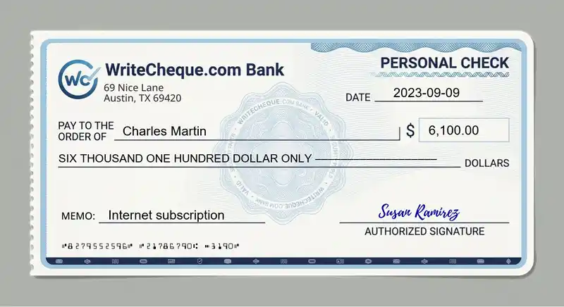 Cheque example for 6100
