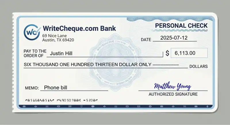 Cheque example for 6113