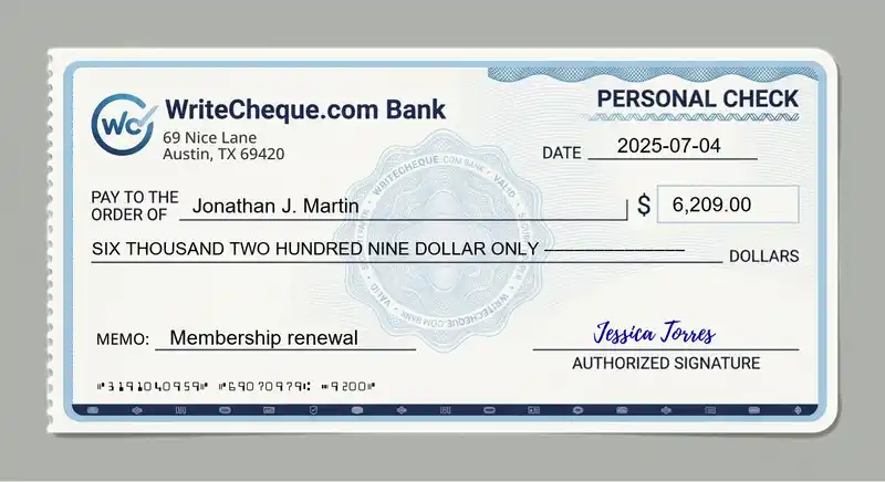 Cheque example for 6209