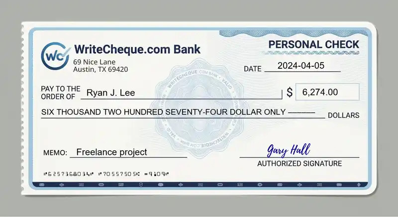 Cheque example for 6274