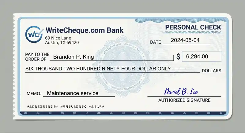 Cheque example for 6294