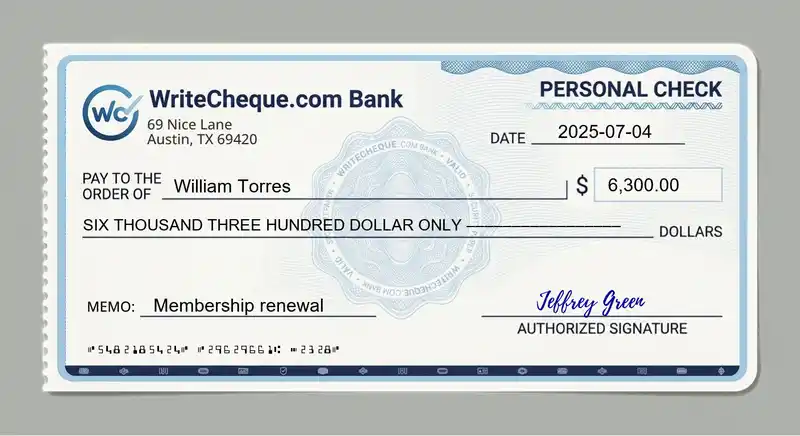 Cheque example for 6300