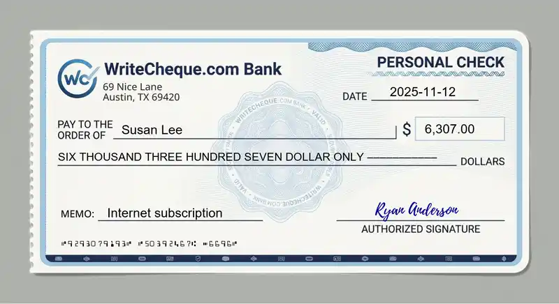 Cheque example for 6307