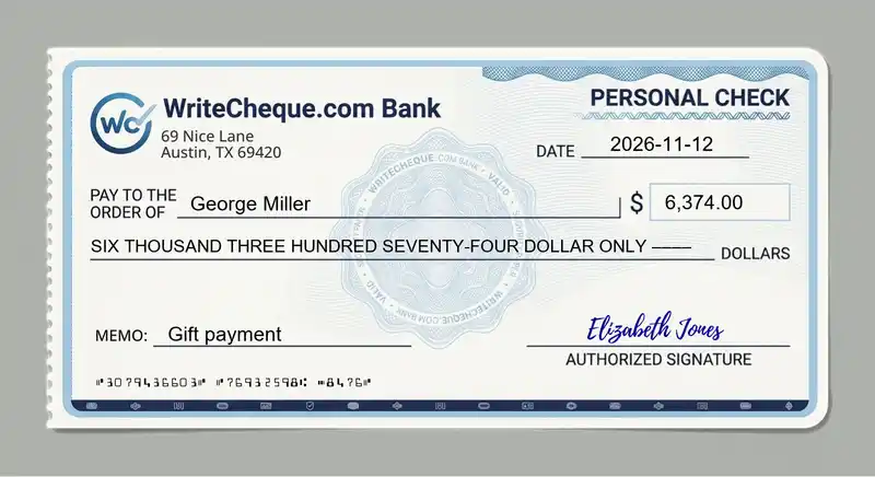 Cheque example for 6374