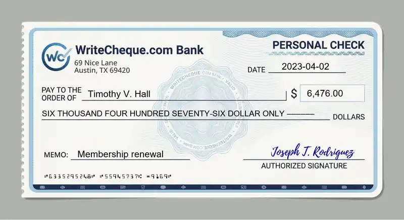 Cheque example for 6476