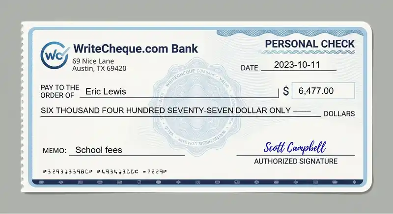 Cheque example for 6477