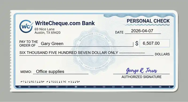Cheque example for 6507
