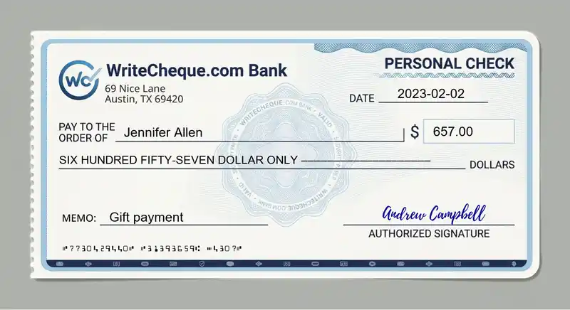 Cheque example for 657