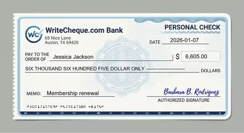 Cheque example for 6605