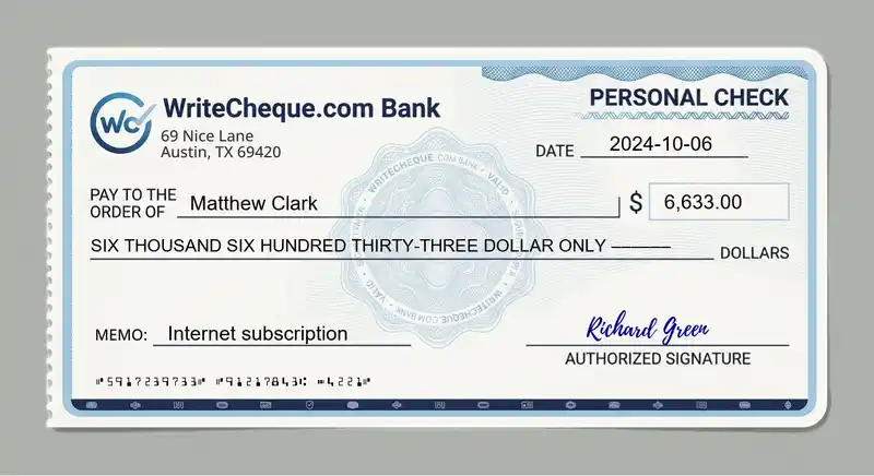 Cheque example for 6633