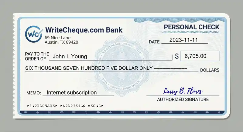 Cheque example for 6705