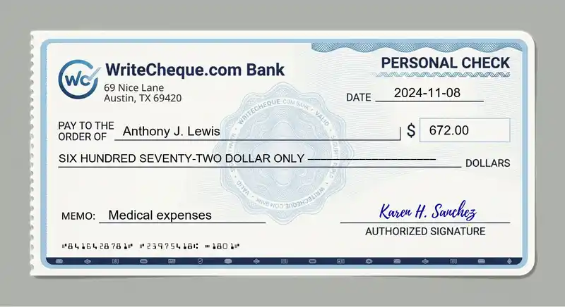 Cheque example for 672