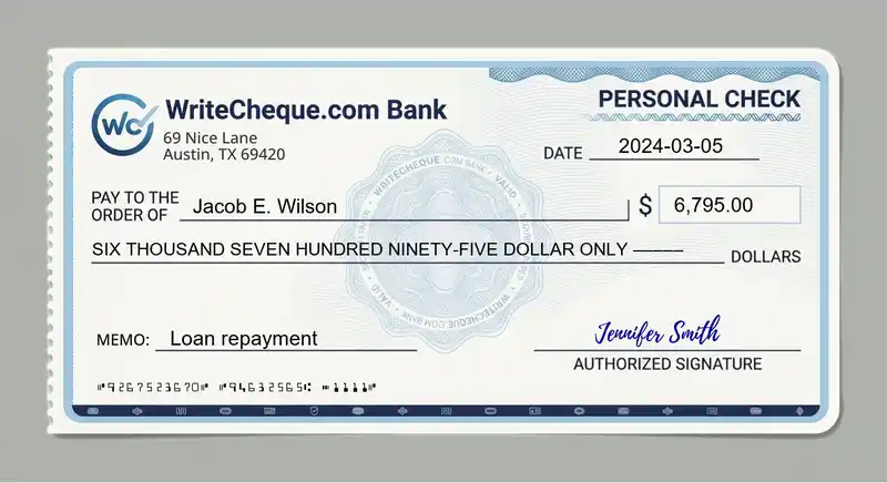 Cheque example for 6795