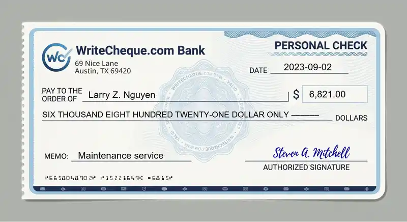 Cheque example for 6821