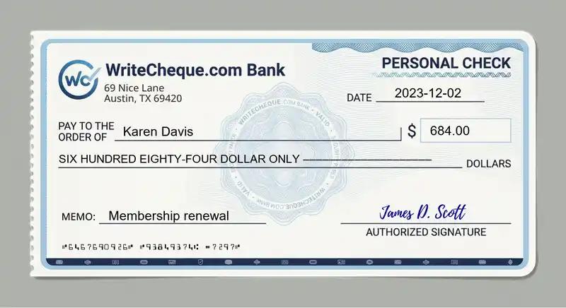 Cheque example for 684