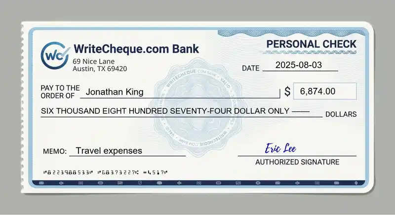 Cheque example for 6874