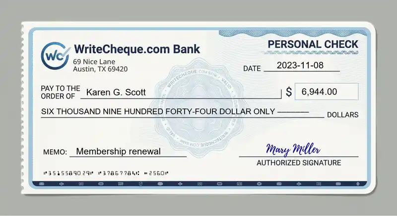 Cheque example for 6944