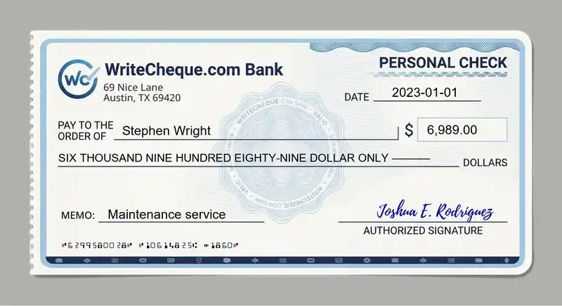 Cheque example for 6989