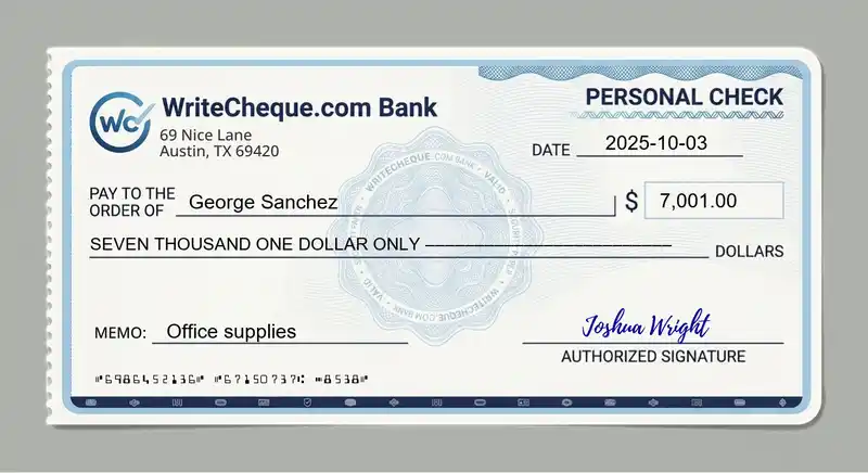 Cheque example for 7001
