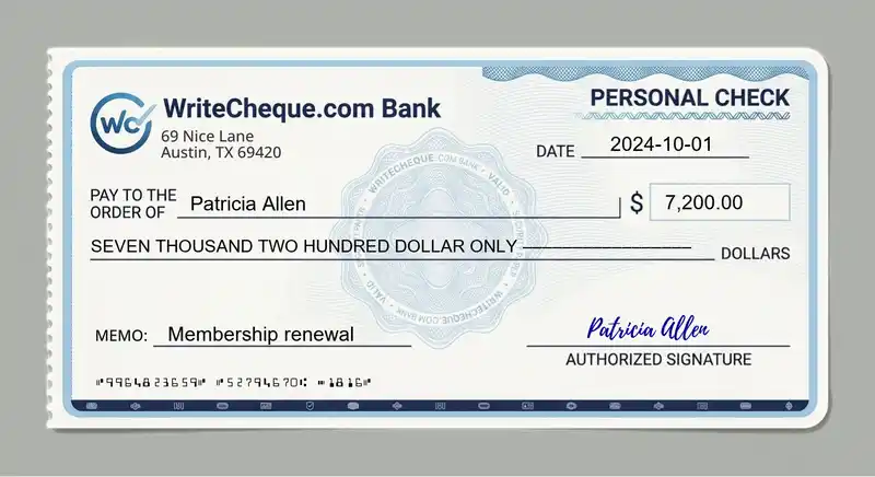Cheque example for 7200