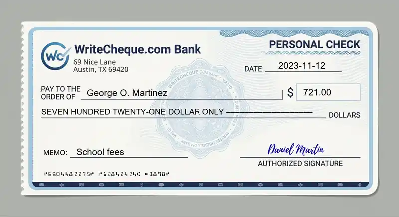 Cheque example for 721