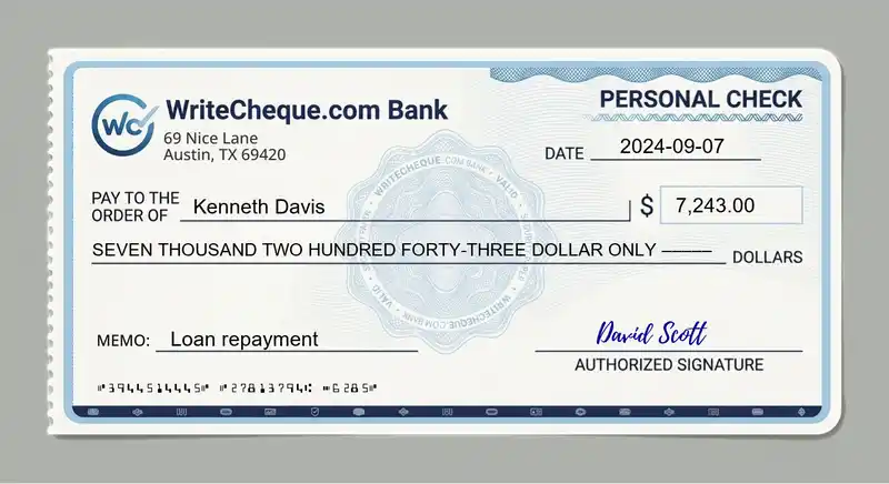 Cheque example for 7243