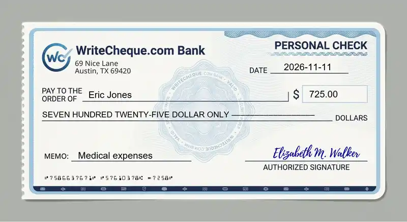 Cheque example for 725