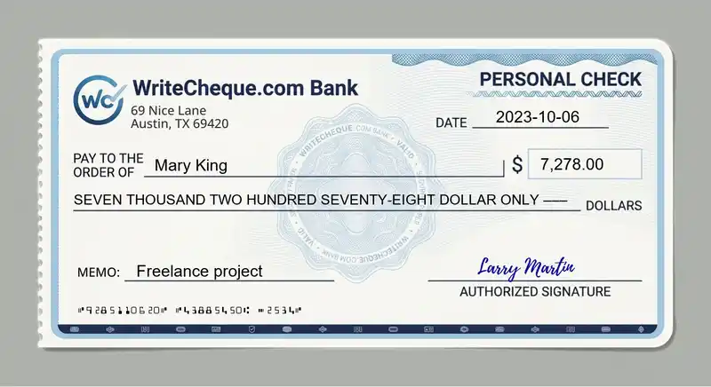 Cheque example for 7278
