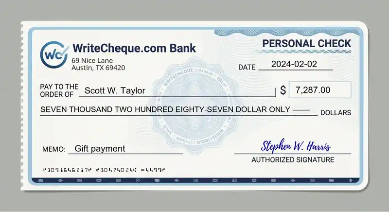 Cheque example for 7287
