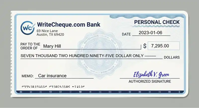 Cheque example for 7295