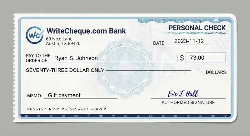 Cheque example for 73