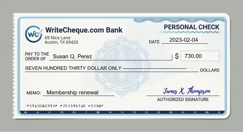 Cheque example for 730