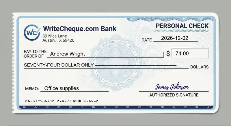 Cheque example for 74