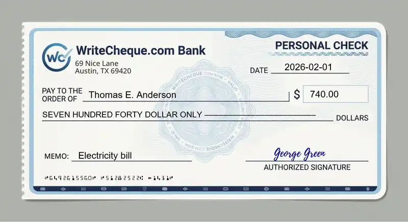 Cheque example for 740