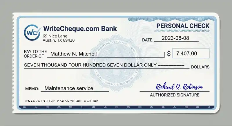 Cheque example for 7407