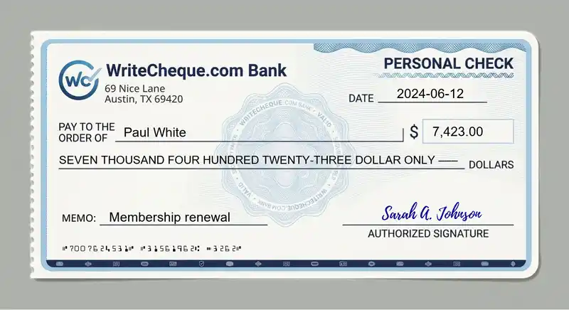 Cheque example for 7423
