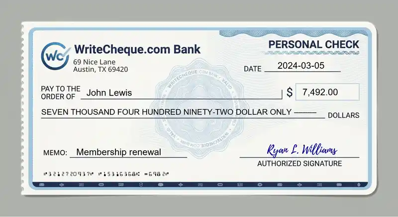 Cheque example for 7492