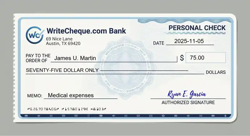 Cheque example for 75