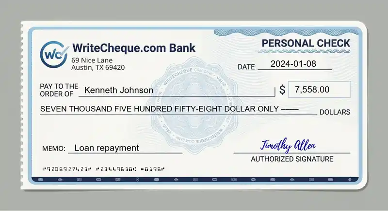 Cheque example for 7558