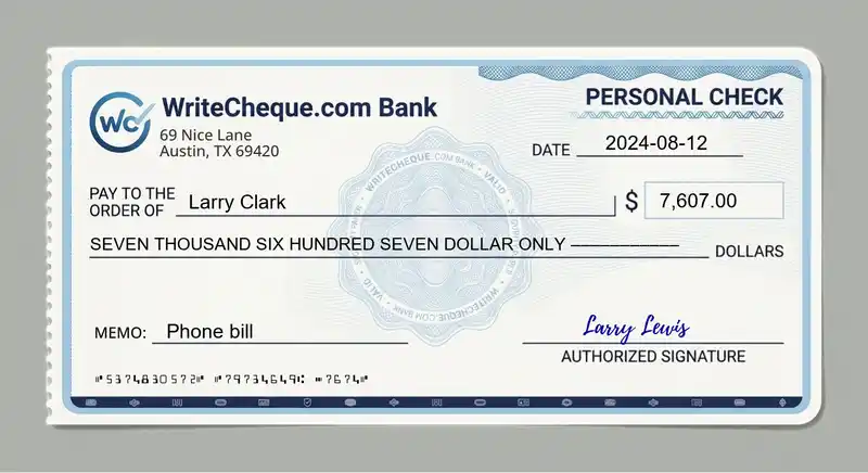 Cheque example for 7607