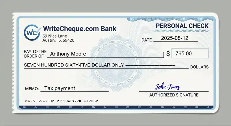 Cheque example for 765