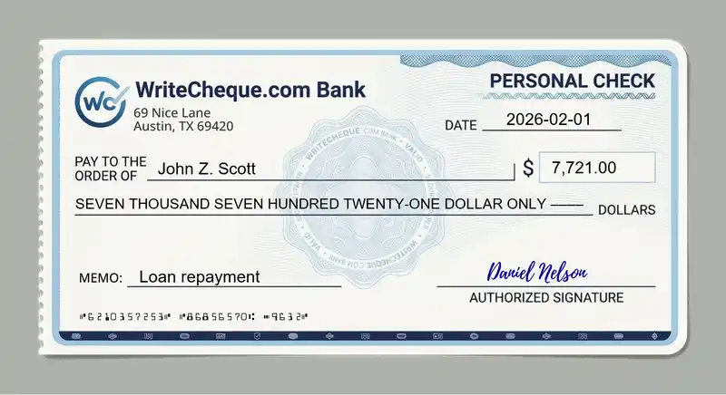 Cheque example for 7721