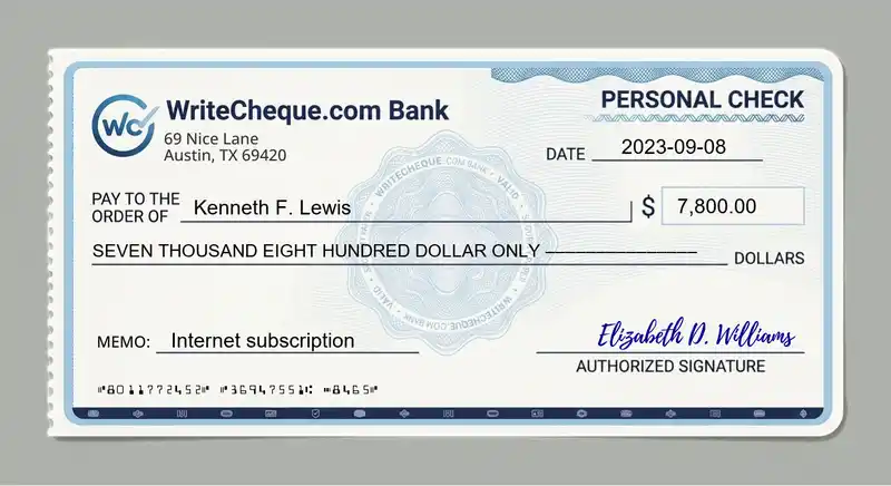Cheque example for 7800