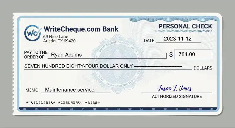 Cheque example for 784