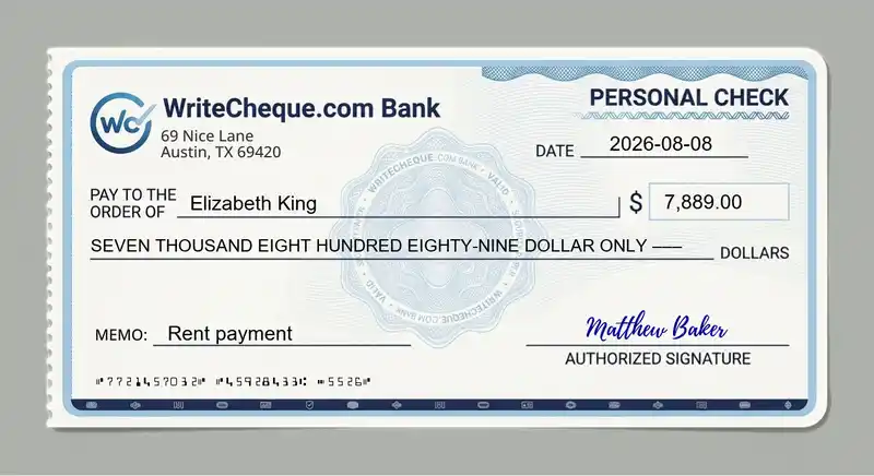 Cheque example for 7889