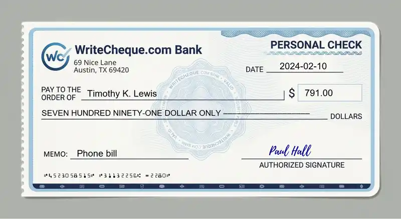 Cheque example for 791