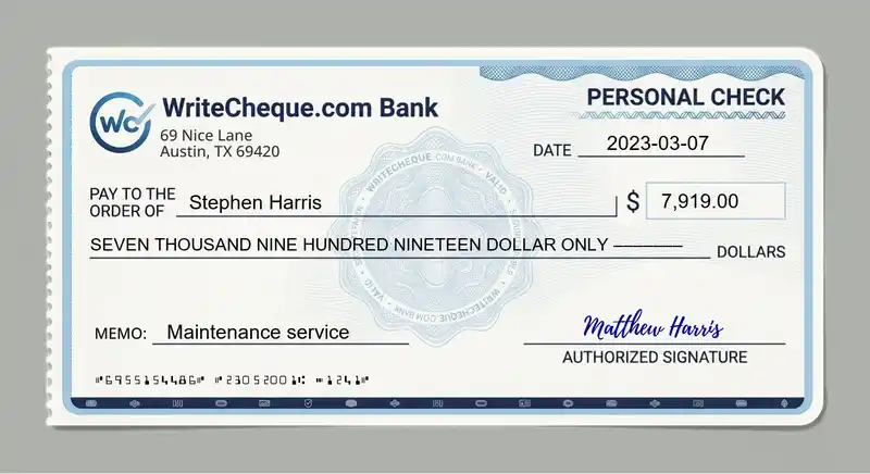 Cheque example for 7919