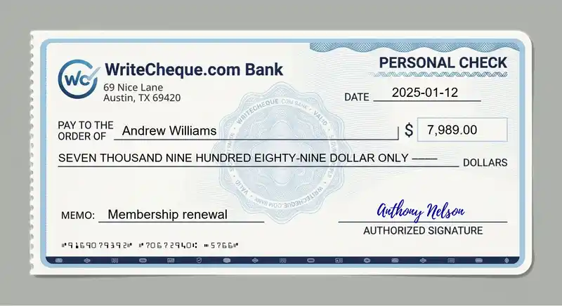 Cheque example for 7989