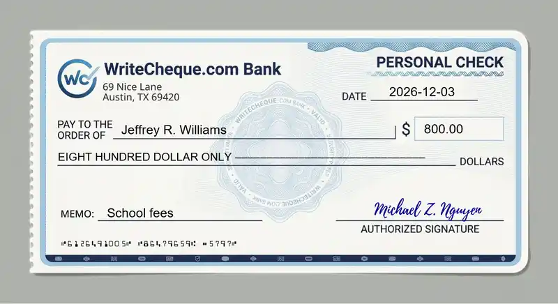 Cheque example for 800